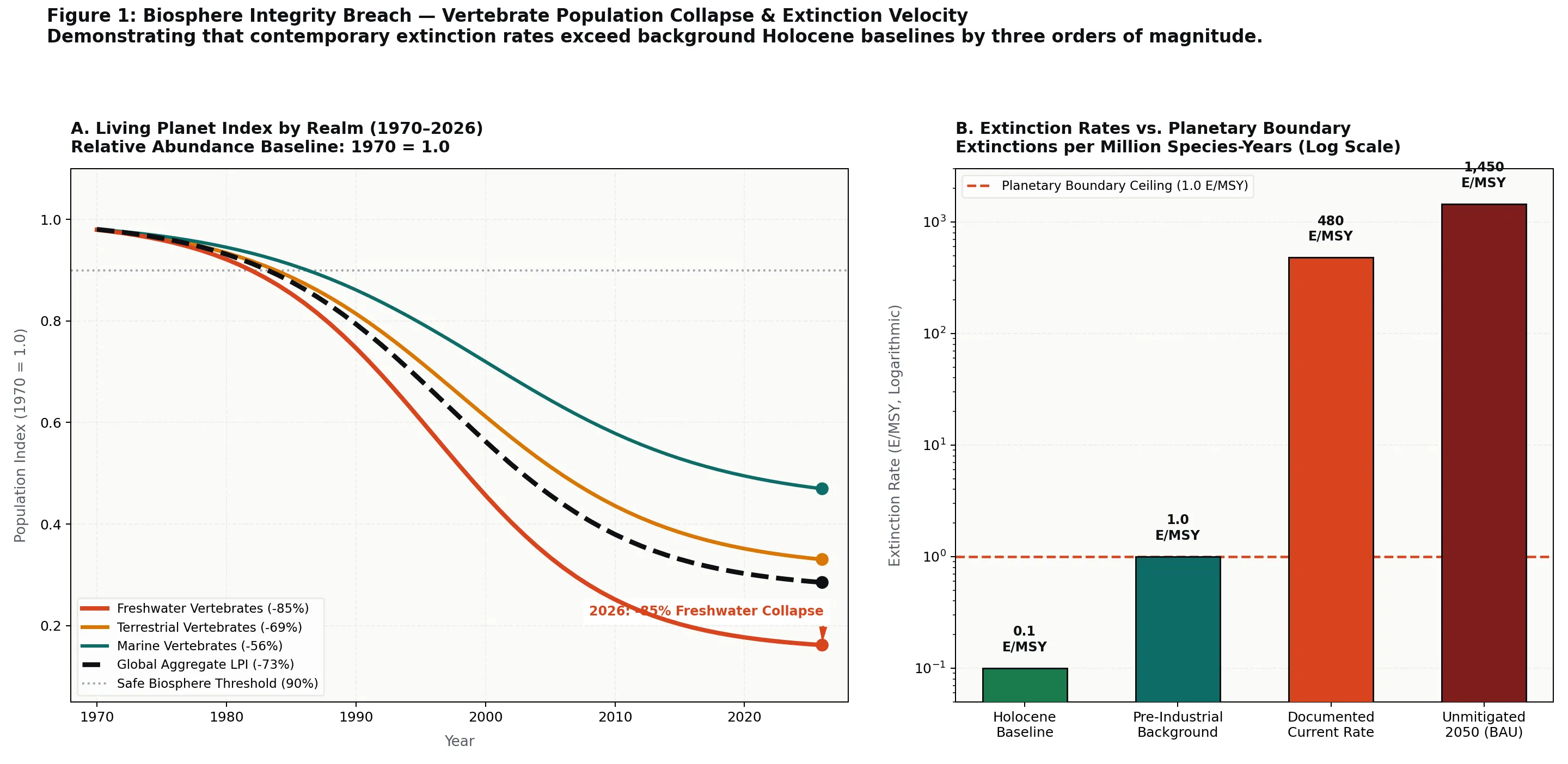 Biosphere Integrity Breach: Vertebrate Population Collapse and Extinction Velocity Across Realms.
