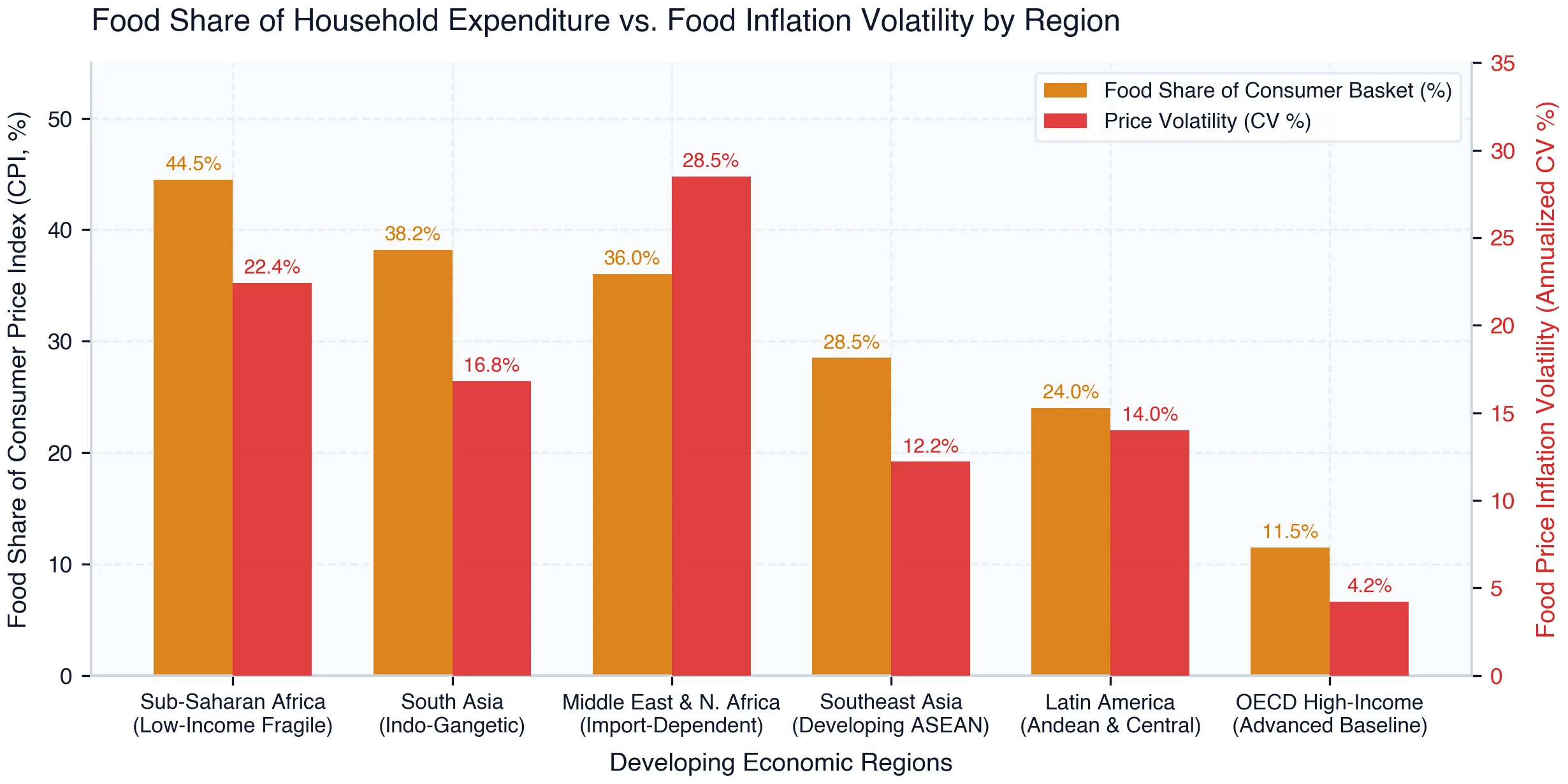 Food Expenditure Share of Consumer Price Index (CPI, %) vs. Annualized Food Inflation Volatility Across Developing Regions